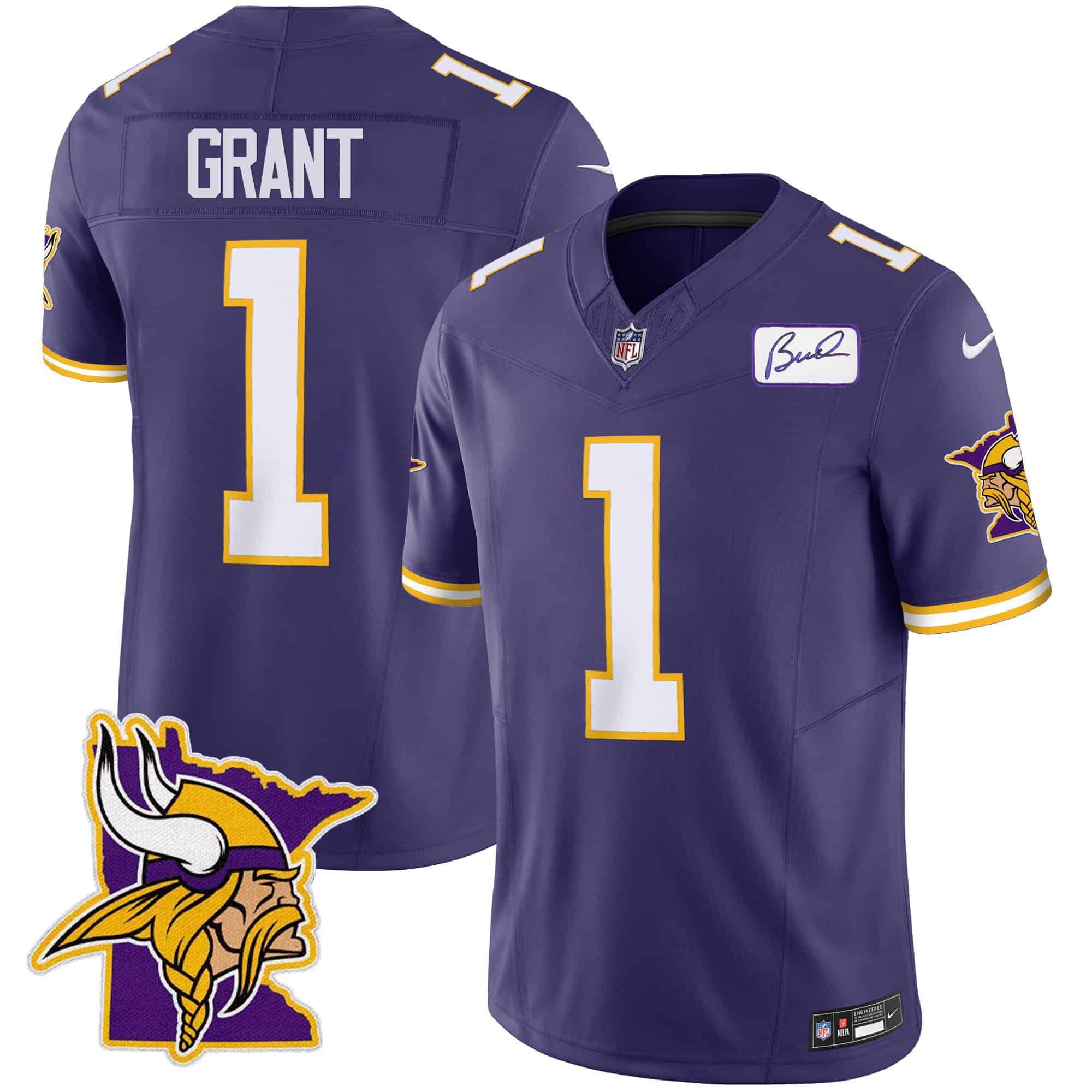 Men Minnesota Vikings 1 Grant Purple 2024 Nike Patch Classic Limited NFL Jersey style 1